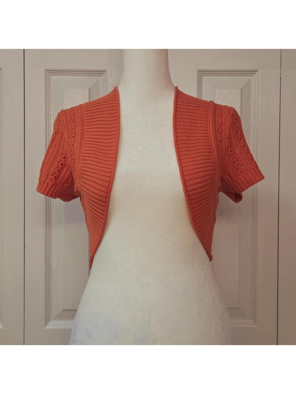 NWT Bright Coral Sheer Knit Bolero Shrug Retro Y2K Open Front Cropped Cardigan